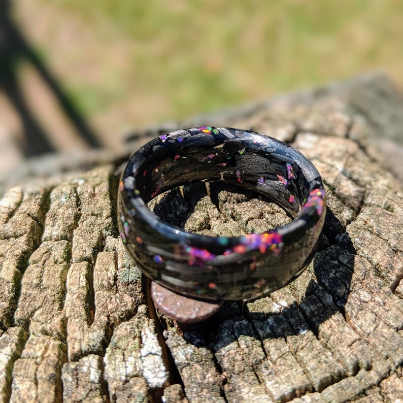 Opal, Shredded Carbon Fiber and Resin Ring Any Size and Width Available