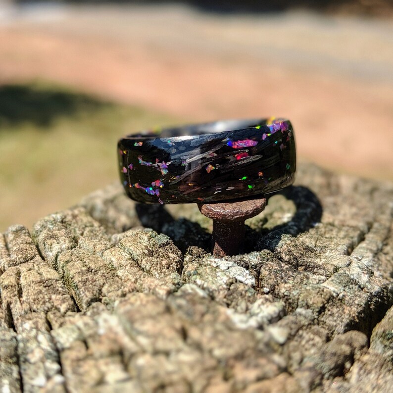 Opal, Shredded Carbon Fiber and Resin Ring Any Size and Width Available
