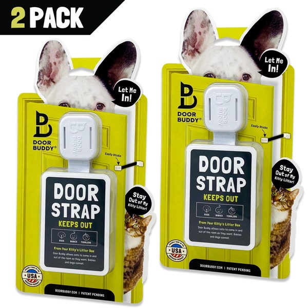 Door Buddy® (2pack) Door Strap & Latch | Lets Cats in! Keeps Dogs out | Dog proof your cat's litter box without pet gate