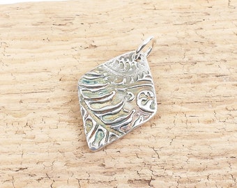 Diamond shape fern leaf texture pendant, fine silver nature inspired jewelry, minimalist, Irina Miech