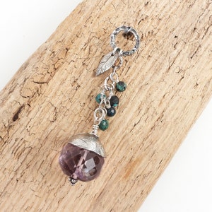 Boho chunky amethyst pendant with turquoise and leaf accent, fine silver nature inspired textured handmade jewelry, Irina Miech