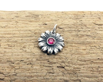 Dainty red and silver daisy pendant, lab created ruby flower jewelry, Irina Miech