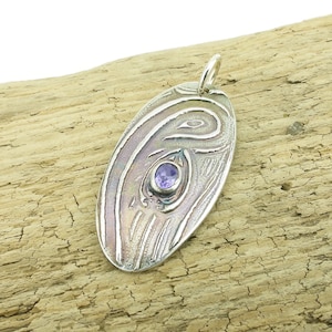 Oval peacock feather spiral pendant with purple CZ, Art Nouveau inspired, Irina Miech