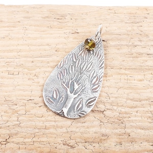 Tree of Life pendant with green tourmaline bead, teardrop metal clay jewelry, fine silver, Irina Miech