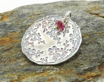 Cherry blossom pendant, dainty flowers with pink tourmaline bead, round flat fine silver jewelry, Irina Miech