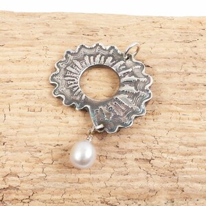Stylized ammonite pendant, nautilus pattern jewelry, light grey pearl, Irina Miech