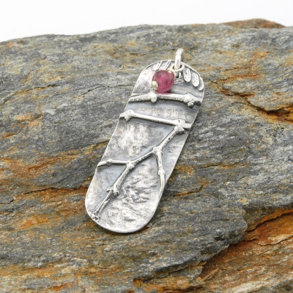 Fine silver twig pendant, nature inspired impression jewelry, tree branches, pink tourmaline, Irina Miech