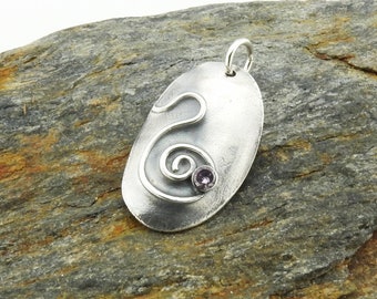 Oval shape spiral pendant, fine silver spiral jewelry, textured look, amethyst CZ, Irina Miech