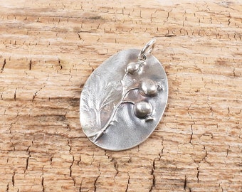 Fine silver currant leaf and berries pendant, jewelry for nature lover, Irina Miech