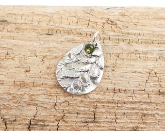 Dainty fine silver fern leaf pendant, green diopside bead, natural world jewelry, nature inspired designs, Irina Miech