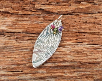 Fine silver fern leaf texture pendant, ruby, green tourmaline, amethyst beads, nature inspired designs, Irina Miech