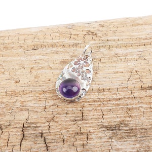 Dainty cherry blossom pendant, flowers with purple amethyst stone, teardrop shape fine silver jewelry, Irina Miech