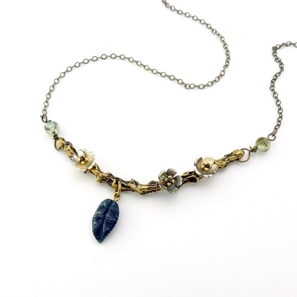 Bronze tree branch necklace with moss agate leaf, flowers, chain, adjustable clasp, up to 22 inches long, Irina Miech