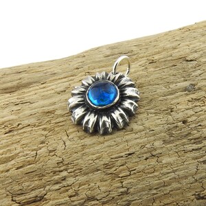 Silver daisy pendant, teal dichroic glass flower jewelry, Irina Miech