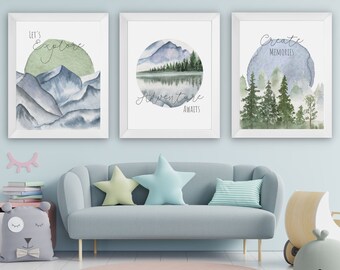 Adventure Awaits | Watercolor Wilderness Nursery Decor | Watercolor Nature | Adventure Explore Create Play | Kids Room Decor | PRINTABLE