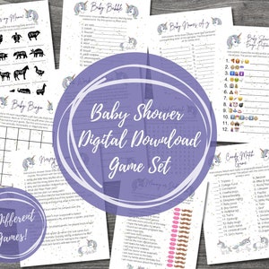 Baby Shower Games | Unicorn Baby Shower Games | PRINTABLE Baby Shower Games | Baby Bingo | Word Scramble | Emoji Pictionary