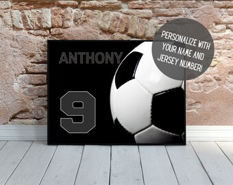 May include: Black and white personalized soccer poster with the name "ANTHONY" and the number "9" on a black background.