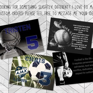 May include: Four different designs for sports-themed motivational posters. The posters feature a basketball, soccer ball, baseball, and football, along with inspirational quotes about sportsmanship and character.