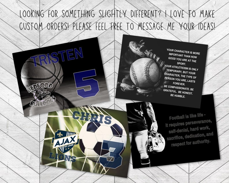 May include: Four different designs for sports-themed motivational posters. The posters feature a basketball, soccer ball, baseball, and football, along with inspirational quotes about sportsmanship and character.