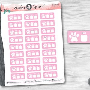May include: Pink and white pet health check stickers with a paw print design. The stickers have spaces to write in "F&T" and "H".