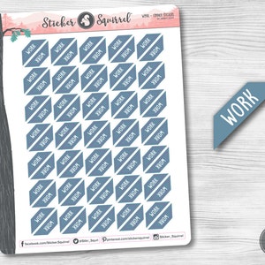 May include: A sheet of 36 blue and white corner stickers with the word "WORK" printed on each sticker. The stickers are arranged in a grid pattern.