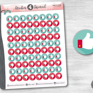 May include: A sheet of 64 stickers featuring thumbs up and thumbs down icons. The stickers are in two colors: red and teal. The sheet is labeled "Sticker Squirrel".