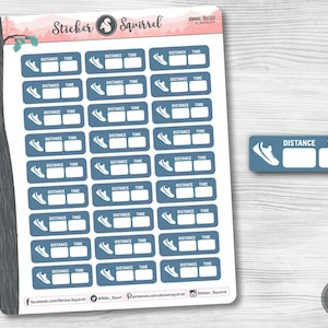 May include: A sheet of blue running tracker stickers with a white running shoe icon and blank spaces for distance and time. The stickers are designed to be used for tracking running progress.