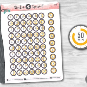 May include: A sheet of 40 grey and yellow timer stickers with numbers from 5 to 60. The stickers are in a grid pattern. There is a larger grey and yellow timer sticker with the number 50 and the word "MIN" in the bottom right corner of the image.