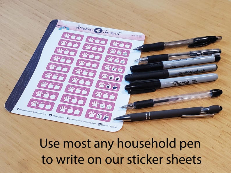 May include: A sheet of pink and white stickers with paw prints and the text "Sticker Squirrel". The sheet is designed for use with a variety of pens, as shown in the image.