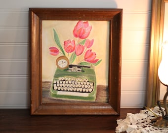 Original Oil Pastel Art- Vintage Typewriter with Tulips