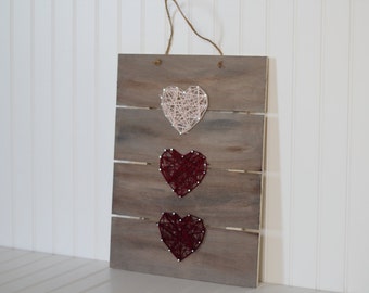 Heart strings, wooden sign with heart shaped string art