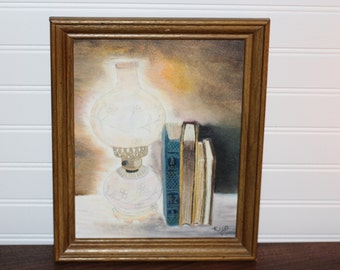 Original Oil Pastel Art- Lamp and Books