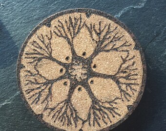 Set of two cork coasters featuring a unique design, hand burned, unique, one of a kind, coaster set