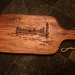 Wood Burned Cutting Board / Cheese Board ,handmade, forest scene, rustic, appetizer, acacia, kitchen display, holiday, gift, one of a kind