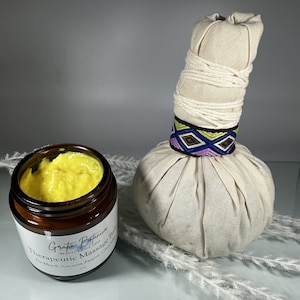 SPA MASSAGE KIT: 10 Pack Thai Herbal Poultice Massage Ball plus Therapeutic Massage Balm - massage balm and Thai Compress massage ball