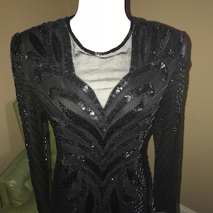 Vtg lentejuelas negras y vestido con cuentas