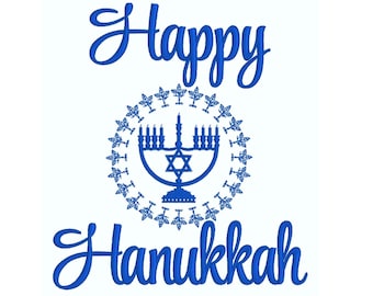 Festival of Lights Chanukka Stickdatei: Happy Chanukka Schriftzug mit Menora (Instant Digital Download)