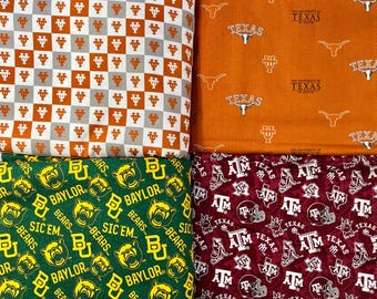 Univ of Texas, Baylor Univ or Texas A+M -- SHIPS in 1-2 Business Days -- 43-44 inch width Collegiate cotton fabric, NCAA Fabric