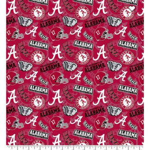 May include: Red and white fabric with a repeating pattern of the University of Alabama logo, including the letter 'A', the words 'Alabama' and 'Crimson Tide', and the number '17'.