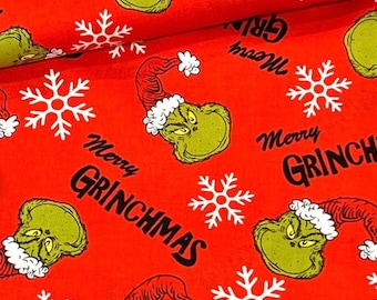 The Grinch Fabric -- SHIPS in 1-2 Business Days -- Merry Grinchmas | Snowflake | Red Cotton Fabric by Robert Kaufman