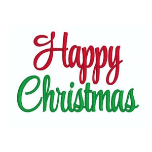 May include: A festive design with the words "Happy Christmas" in red and green script. The red "Happy" is above the green "Christmas" on a white background. Ideal for holiday-themed products.