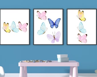 Set van 3 vliegende aquarel KLEURRIJKE VLINDERS, digitale, afdrukbare muurkunst, decor van het huis, kinderkamer, meisjeskamer, vliegende vlinder