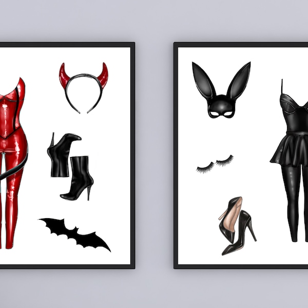 HALLOWEEN Fashion Watercolor Sexy Devil, Bunny Costume, Mask, Horns, Ears, Lady in red, Accessories, Shoes, Heels, 2 Piece WALL ART Digital