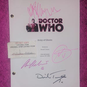 May include: A white television script titled Doctor Who Army of Ghosts, written by Russell T. Davies, dated January 10th, 2006. The page features multiple signatures in pink and black ink, a logo, and a small rectangular label reading DO NOT COPY.