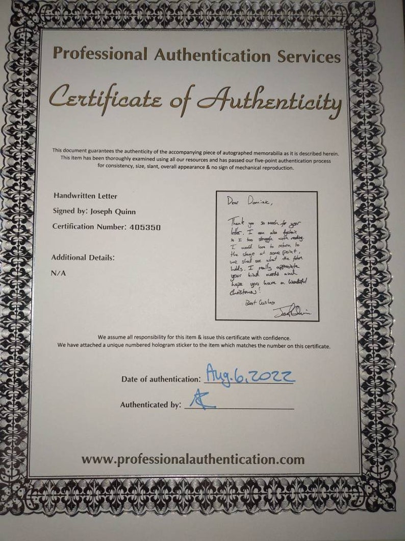 Jsa Authentication Letters Joseph Quinn RARE Handwritten Letter Full Signature Autograph Framed ...