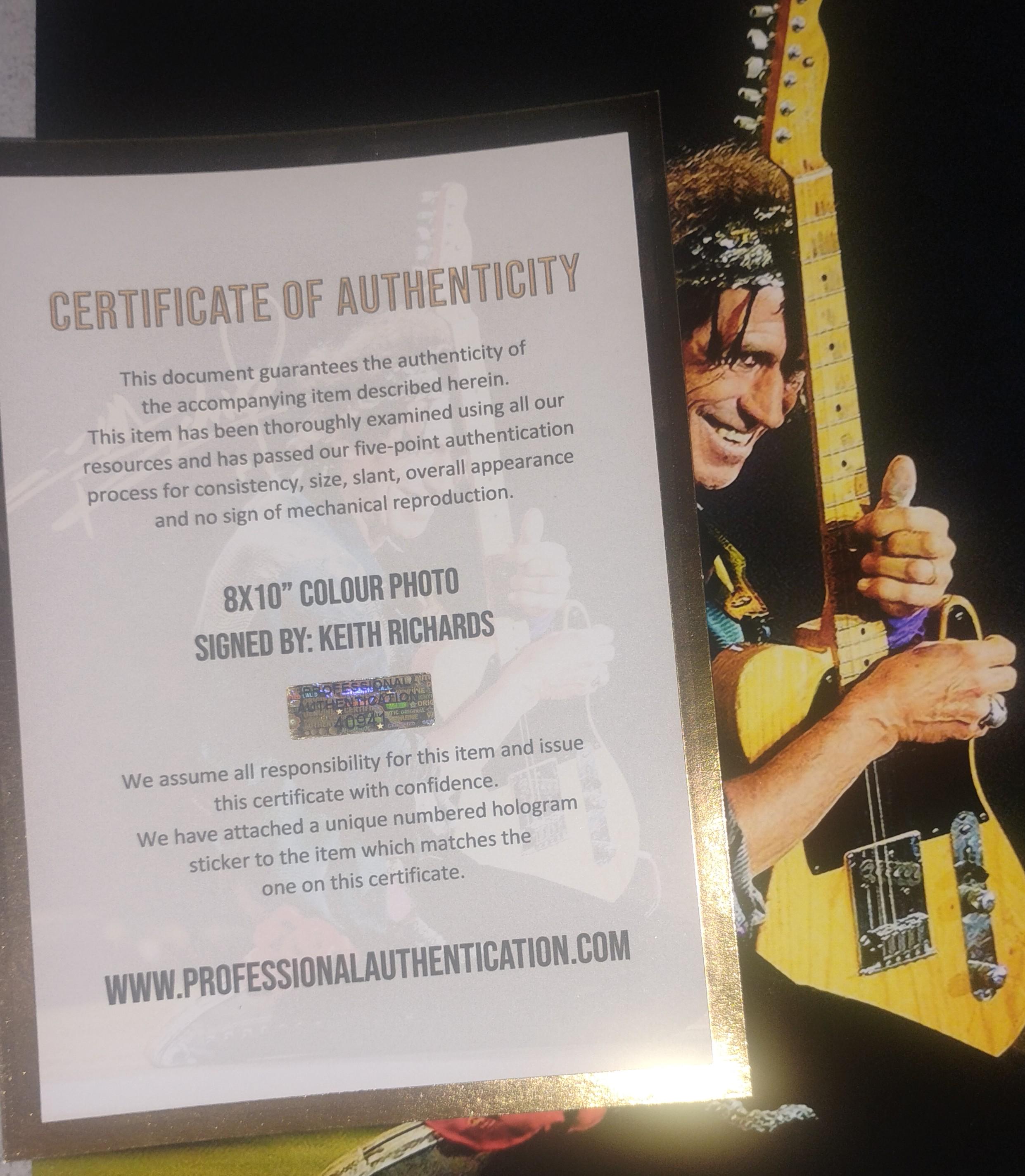 キース・リチャーズ直筆サイン入り8x10写真 COA ローリング