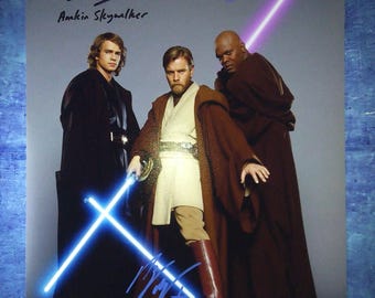 Samuel L Jackson, Hayden Christensen & Ewan McGregor Hand Signed Autograph Photo COA Star Wars