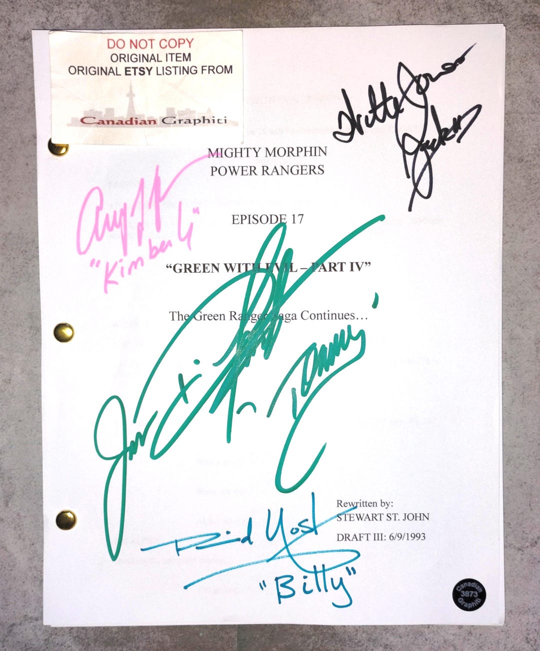 Mighty Morphing Power Rangers Cast Hand Signed Autograph Script COA ...