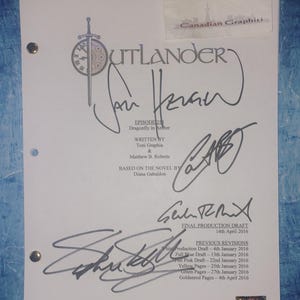 Outlander Hand Signed Autograph Script COA Sam Heughan, Caitriona Balfe, Sophie Skelton & Graham McTavish