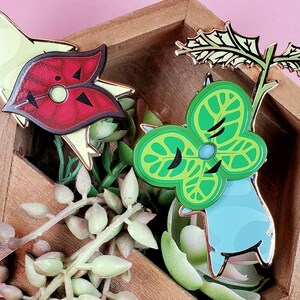 May include: Two enamel pins in a wooden box with green succulents. One pin is a red and yellow stylized heart with black markings. The other pin is a green and blue stylized leaf with a black eye.